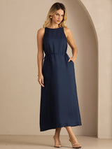 [Bleu Foncé] SilkSilky-FR Sleeveless Crew Neck Robes 001