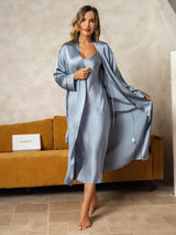 [Bleu Grisâtre] SilkSilky-FR Long Sleeve V Neck Peignoir&Robe de Chambre 006