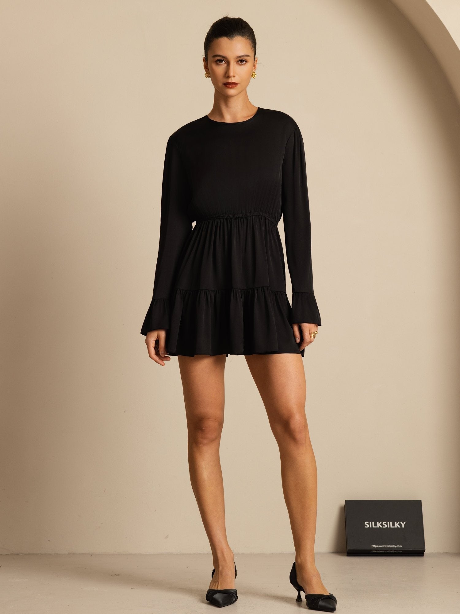 [Noir] SilkSilky-FR 19Momme Soie Manches longues Col Rond Robes 001