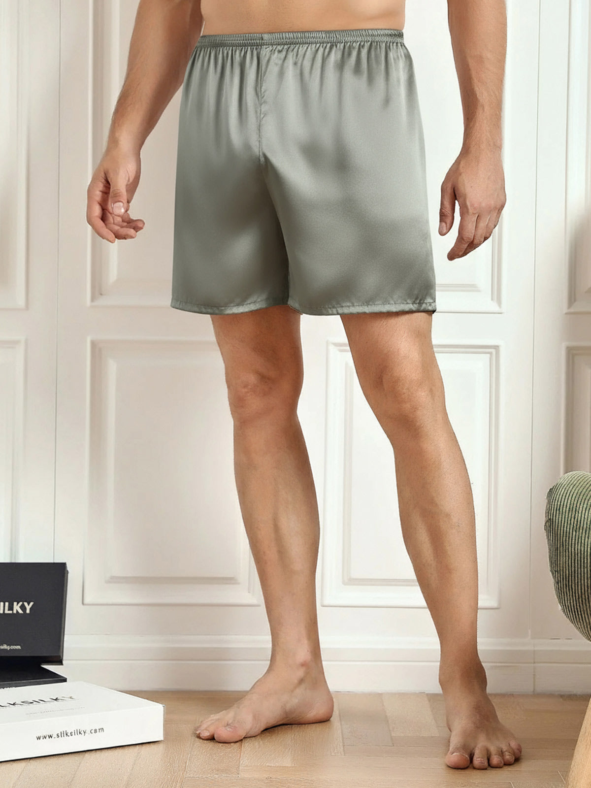 [Vert Grisâtre] SilkSilky-FR Pure Soie Mens Sleep Bottoms 002