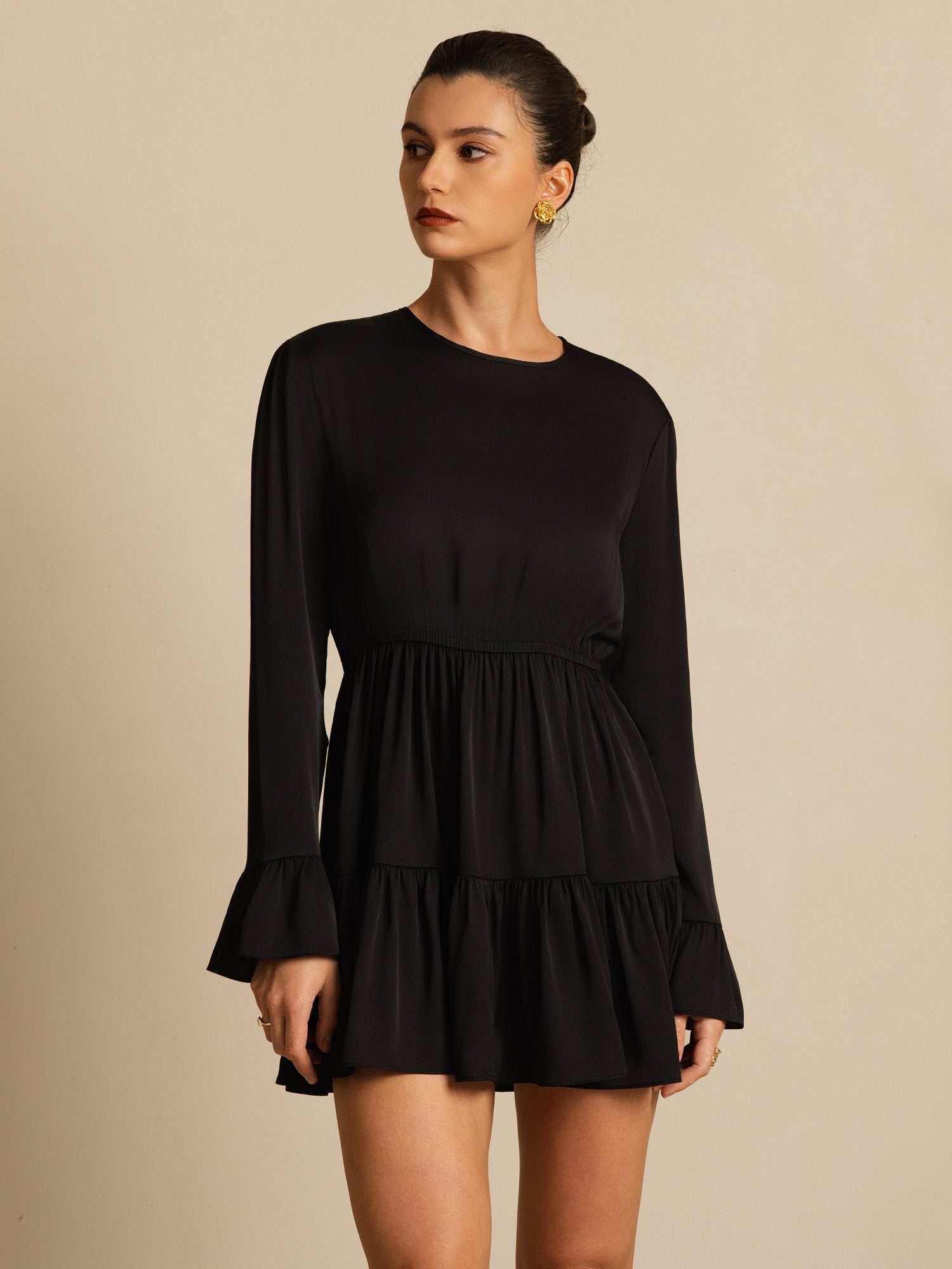 [Noir] SilkSilky-FR 19Momme Soie Manches longues Col Rond Robes 007