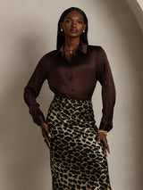 [Chocolat Noir] SilkSilky-FR Long Sleeve Lapel Collar Femme Chemise 007