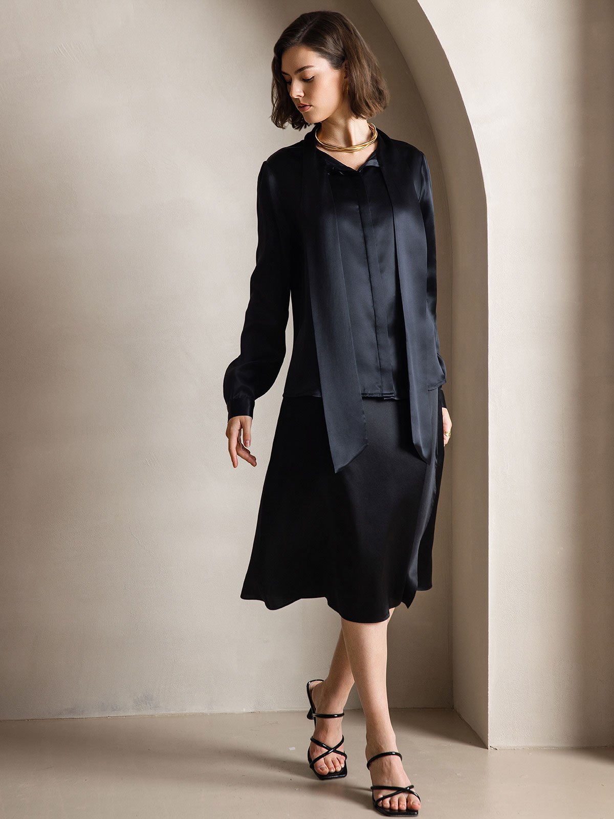 [Noir] SilkSilky-FR 19Momme Manches longues À Nouer Blouse 001