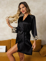 [Noir] SilkSilky-FR 3/4 Sleeve Femme Peignoir 001
