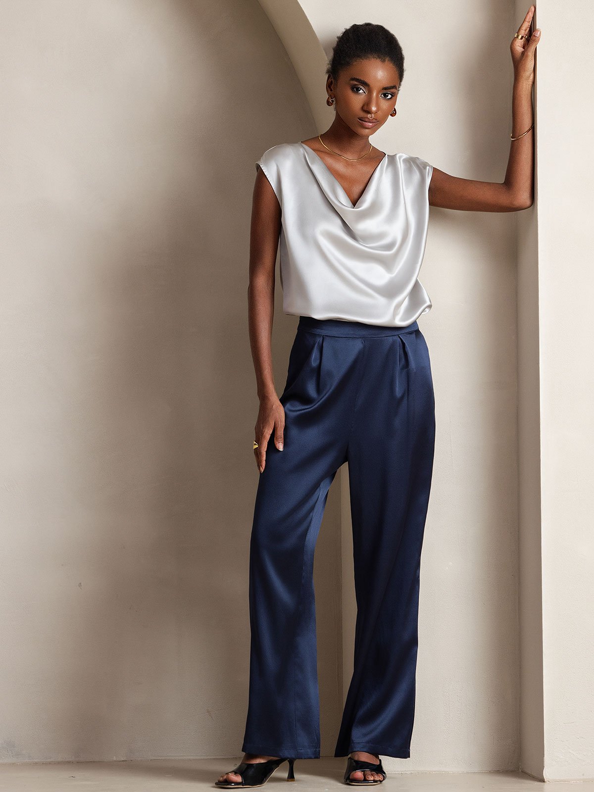 [Bleu Foncé] SilkSilky-FR 19Momme Soie Womens Pants 001