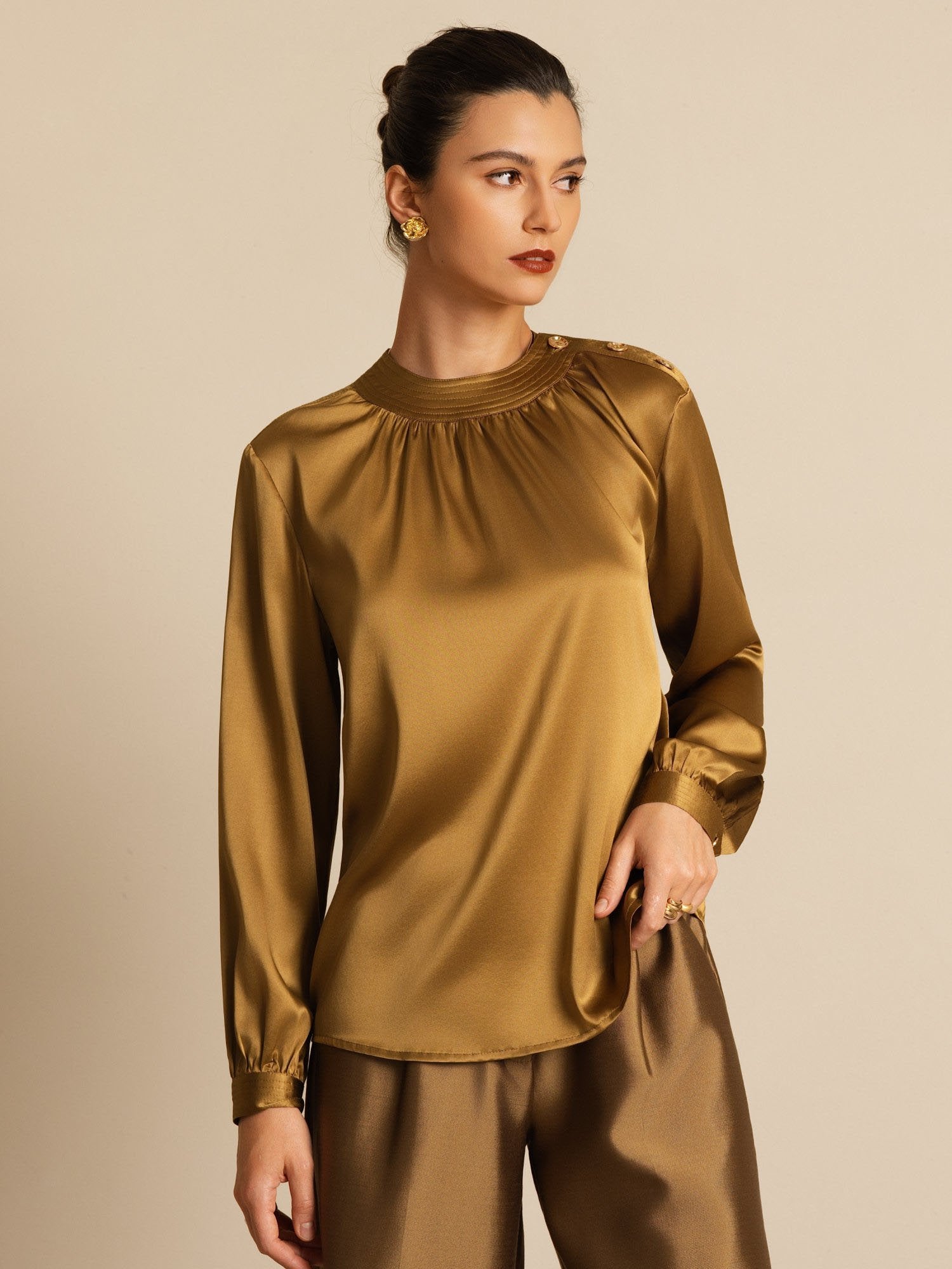 [Bronze] SilkSilky-FR 19Momme Soie Manches longues Col Rond Blouse 001