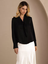 [Noir] SilkSilky-FR Long Sleeve Tie Neck Blouse 001