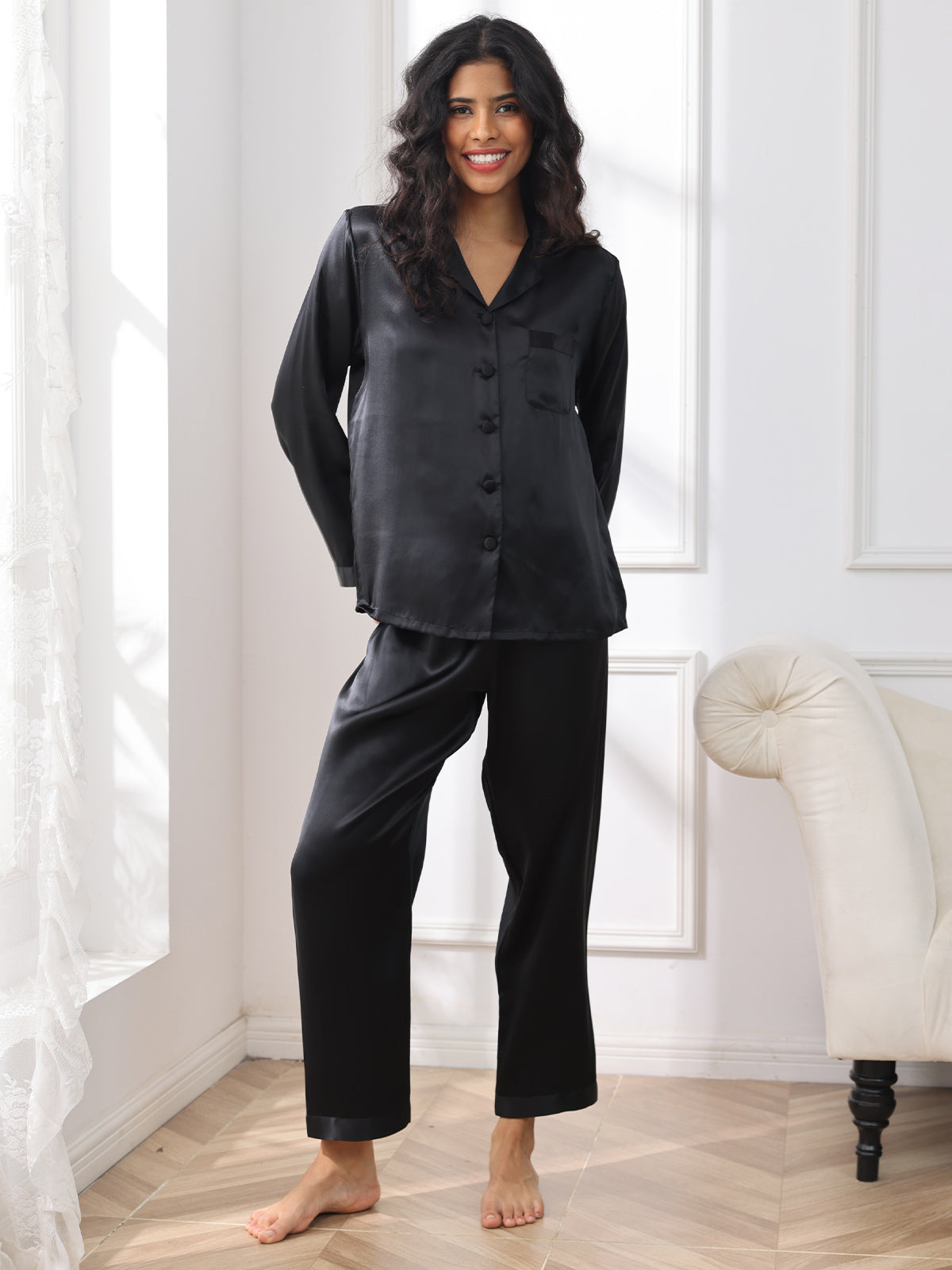 SilkSilky FR Pure Soie Manches longues Revers Femme Pyjamas Noir 004