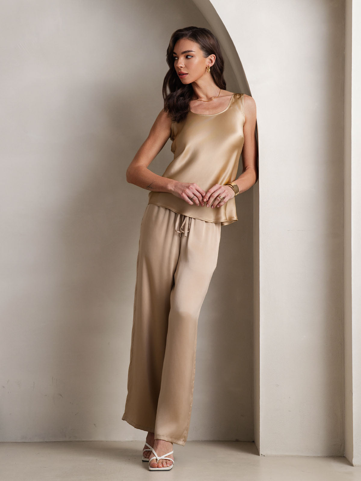 [Champagne] SilkSilky-FR Pure Soie Col Bateau Ensemble Camisole 001