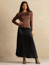 [Café] SilkSilky-FR Long Sleeve Crew Neck Femme T-Shirt 008