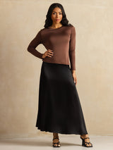 [Café] SilkSilky-FR Manches longues Col Ras Du Cou Femme T-Shirt 008