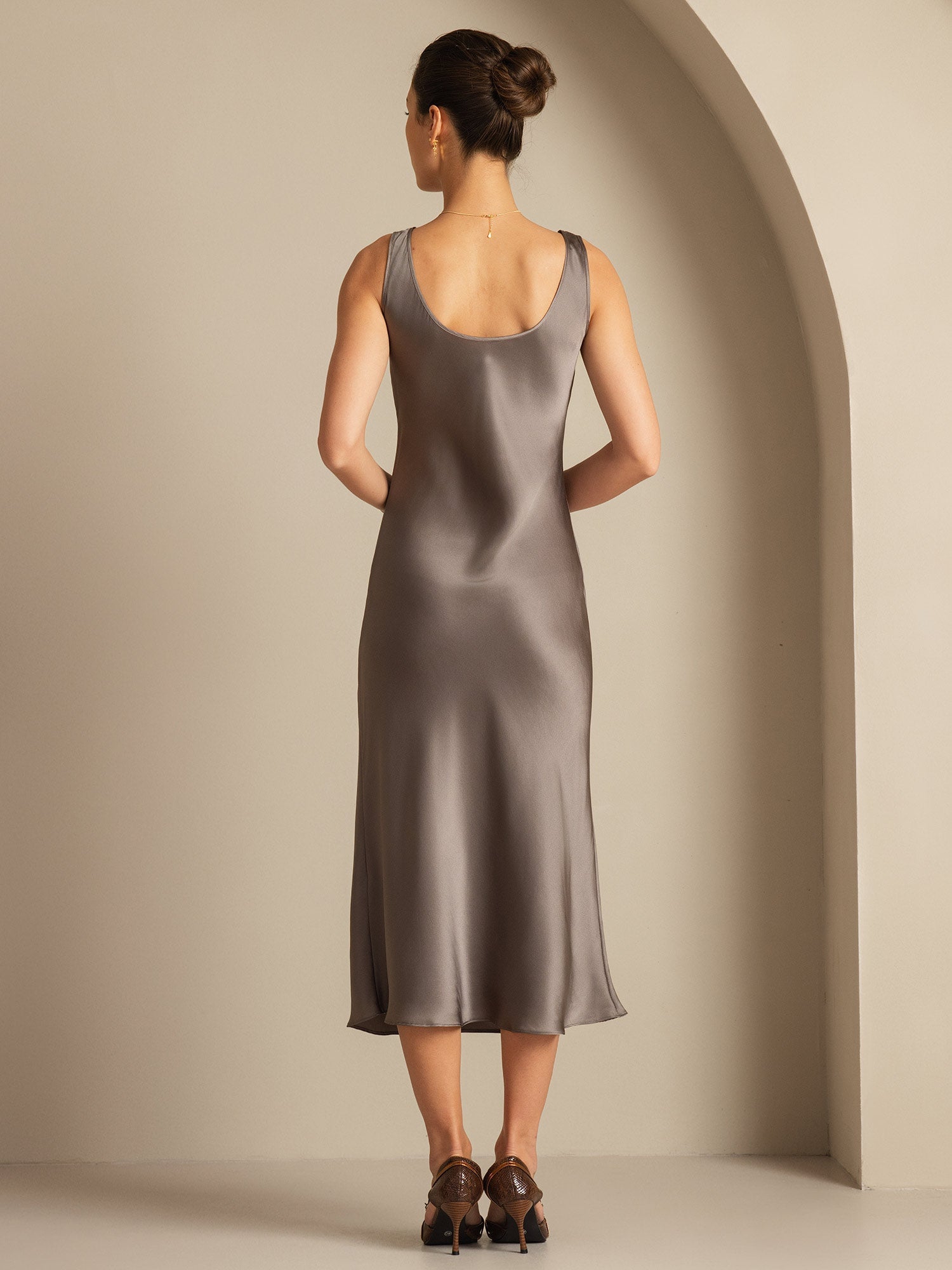 [Kaki Foncé] SilkSilky-FR Pure Soie Col Bateau Robes 002,