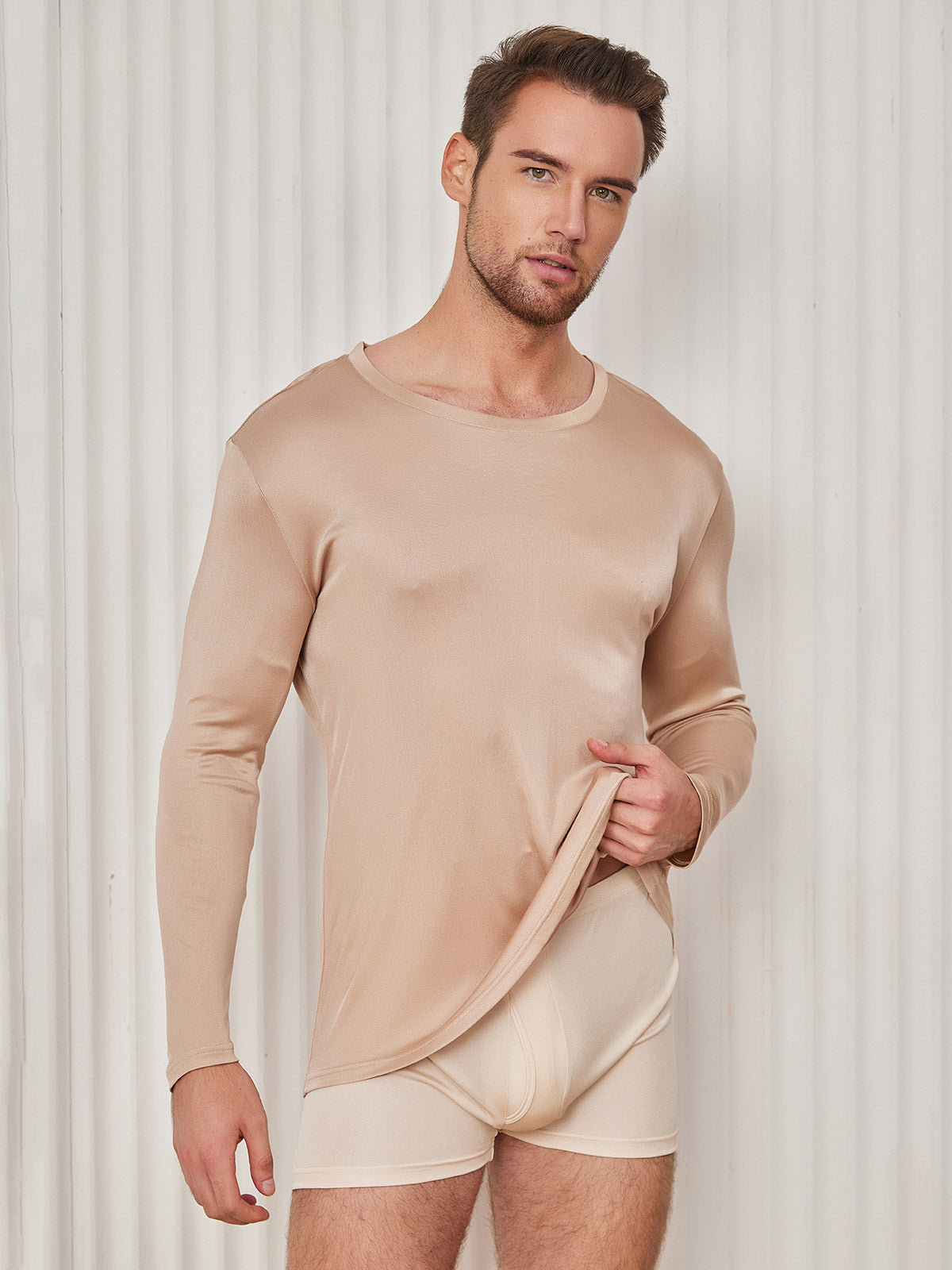 SilkSilky FR Soie Tricotée Manches longues Col Rond Homme T Shirt Beige 001