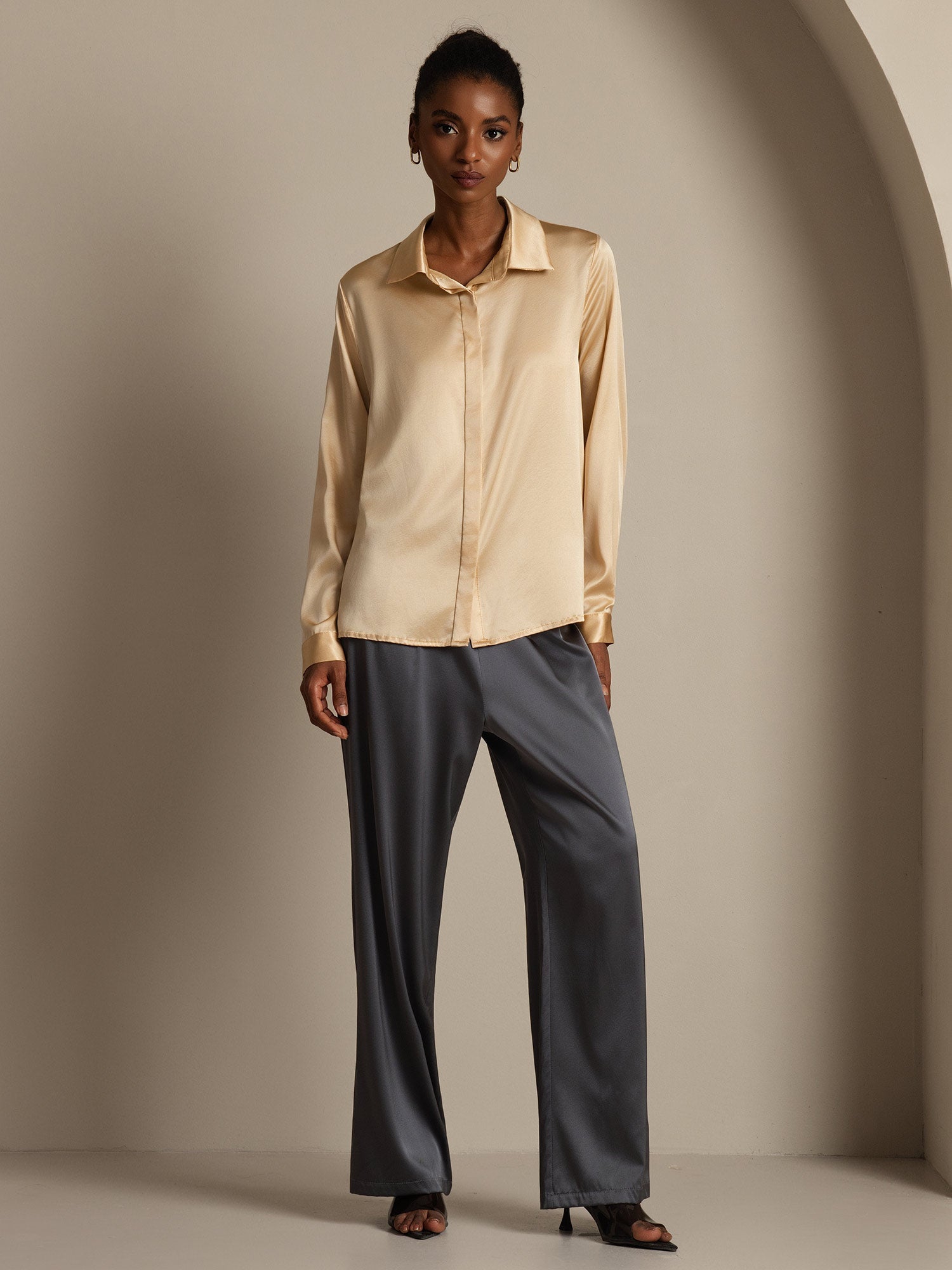 [Champagne] SilkSilky-FR 19Momme Soie Manches longues Col Chemise Femme Chemise 008