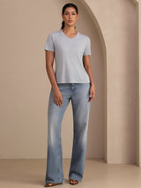 [Bleu Grisâtre] SilkSilky-FR Short Sleeve V Neck Femme T-Shirt 006
