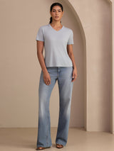 [Bleu Grisâtre] SilkSilky-FR Short Sleeve V Neck Femme T-Shirt 006
