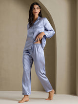 [Bleu Acier] SilkSilky-FR Long Sleeve Lapel Collar Femme Pyjamas 003