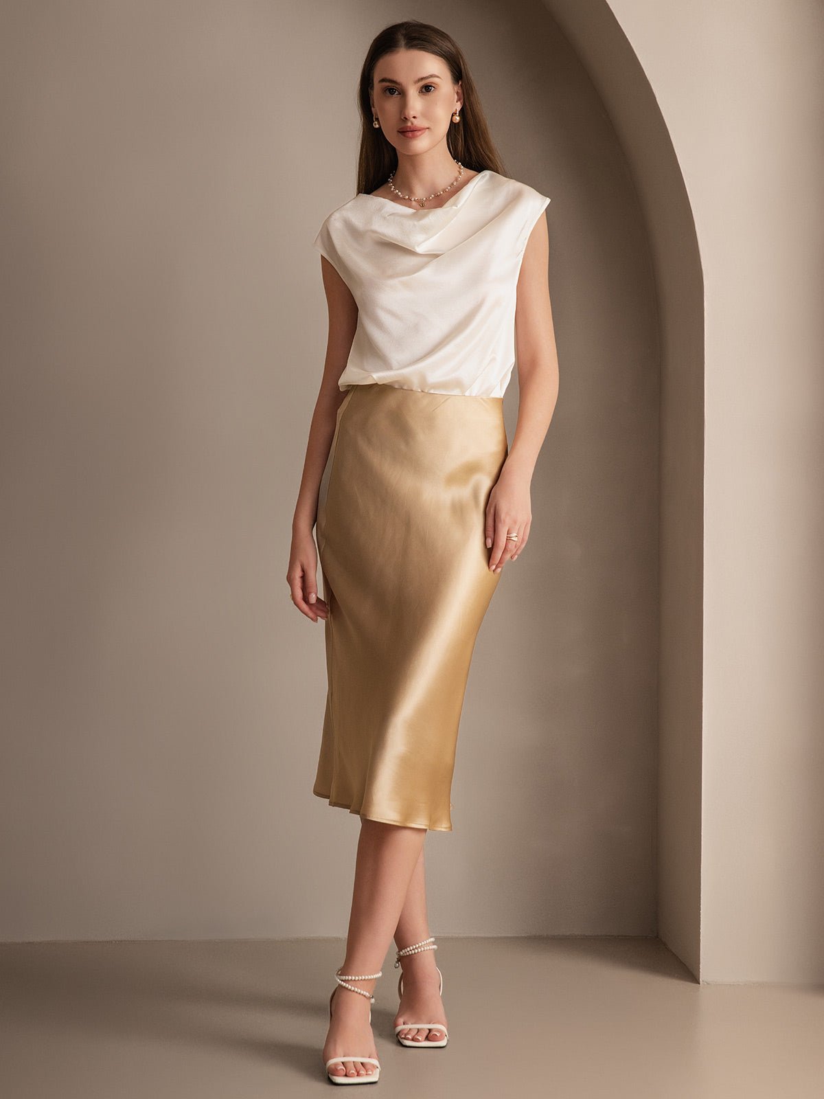 SilkSilky-FR 19Momme Pure Soie Skirt Champagne 003