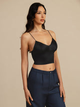 [Noir] SilkSilky-FR Spaghetti Strap V Neck Top À Fines Brides 002