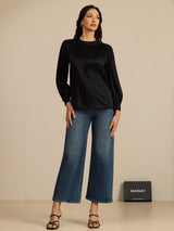 [Noir] SilkSilky-FR 19Momme Long Sleeve Round Neck Blouse 005
