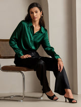 [Vert Foncé] SilkSilky-FR Long Sleeve Lapel Collar Femme Chemise 001