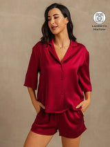 [Rouge Vineux] SilkSilky-FR 19Momme Manches mi-longues Col Cranté Femme Pyjamas 001