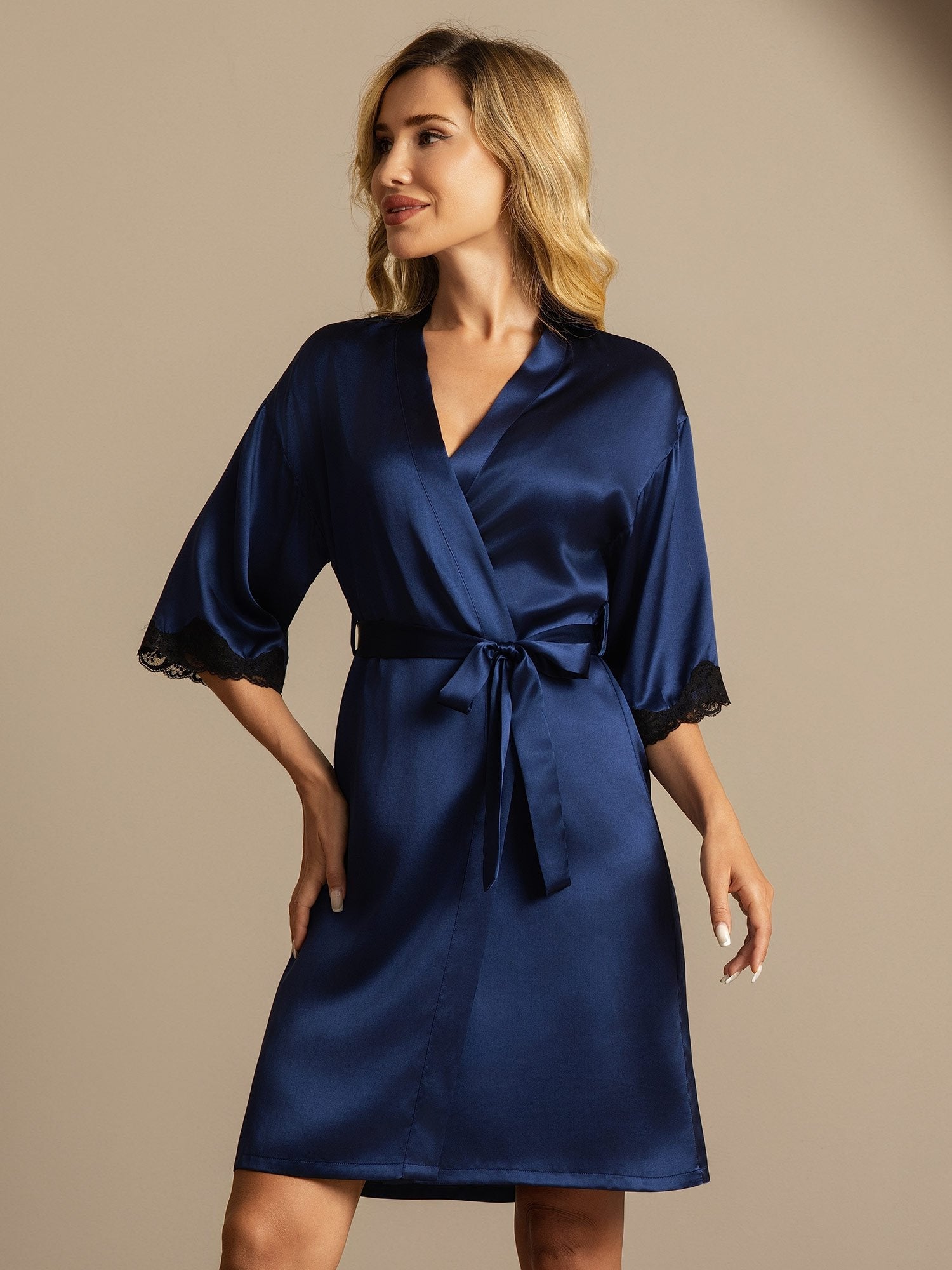 [BleuFoncé] SilkSilky-FR Soie Womens Robe 005