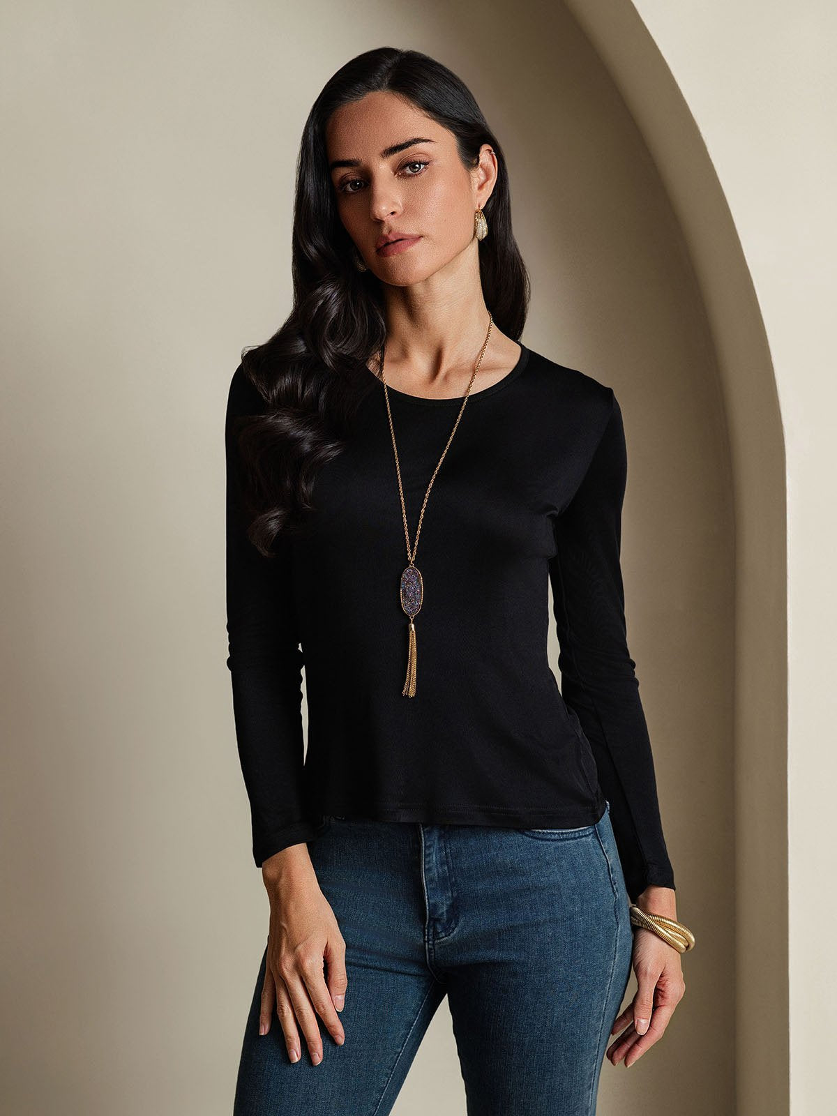 [Noir] SilkSilky-FR Manches longues Col Rond Femme T-Shirt 003