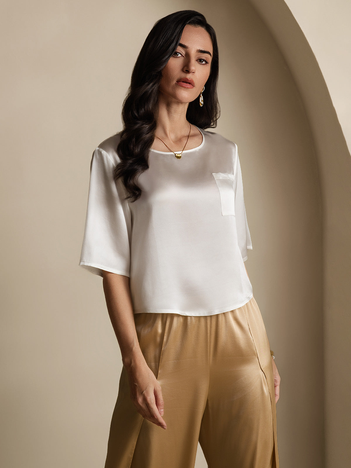 [Blanc] SilkSilky-FR Pure Soie Col Bateau Femme T-Shirt 005