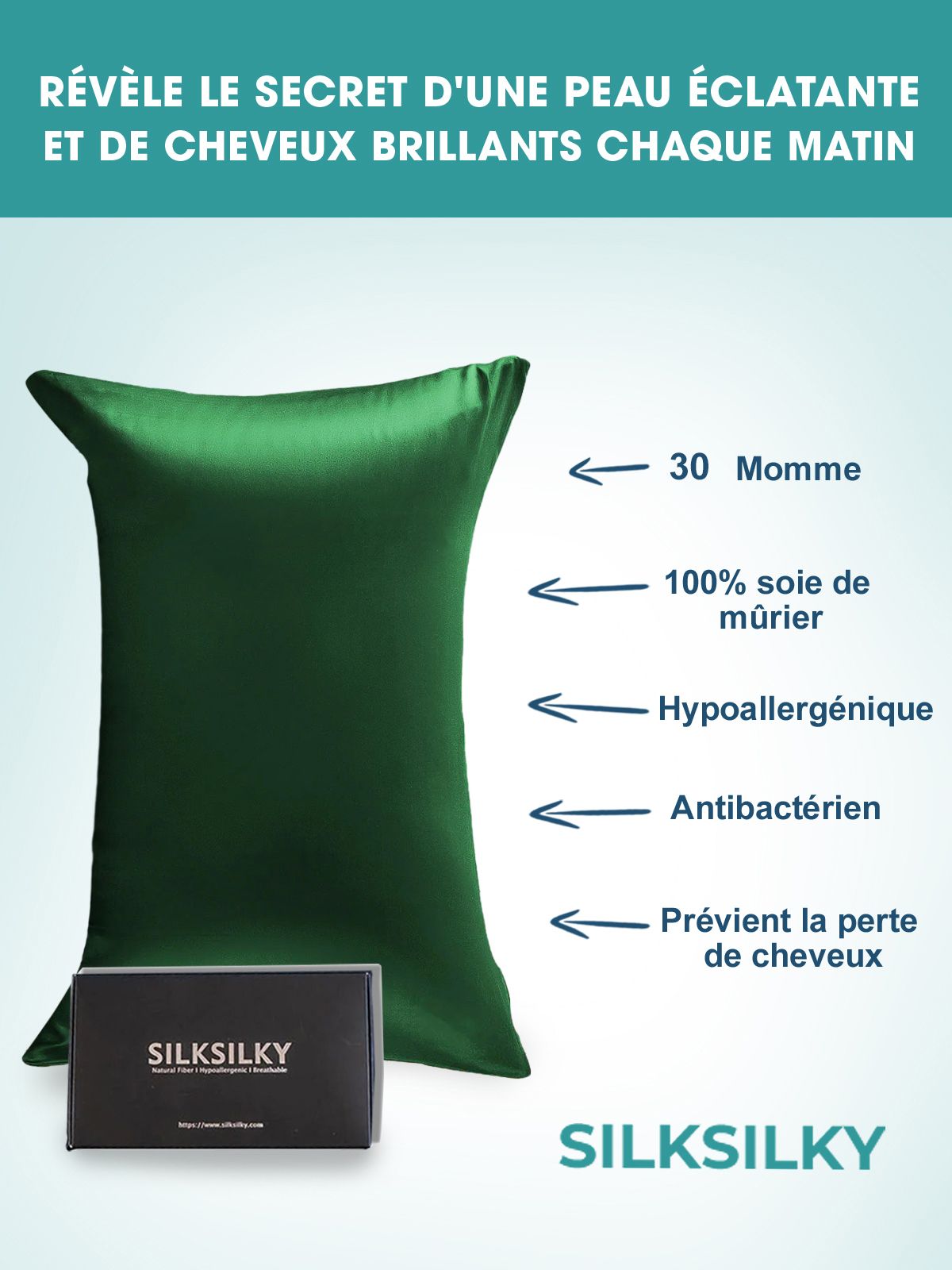 SilkSilky FR 30Momme Pure Soie Pillowcase VertFoncé 002