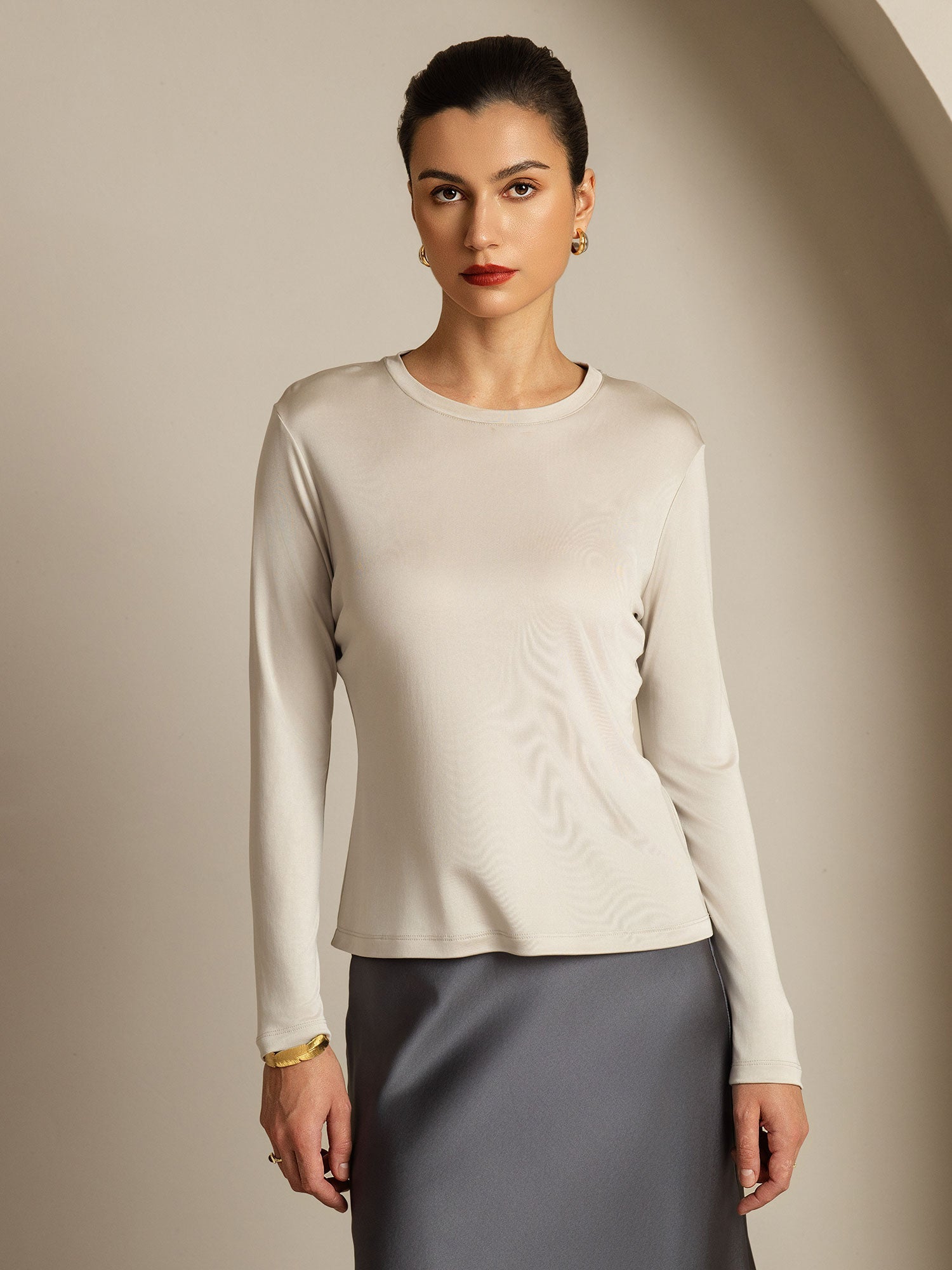 [Gris] SilkSilky-FR Soie Womens T-Shirt 003,