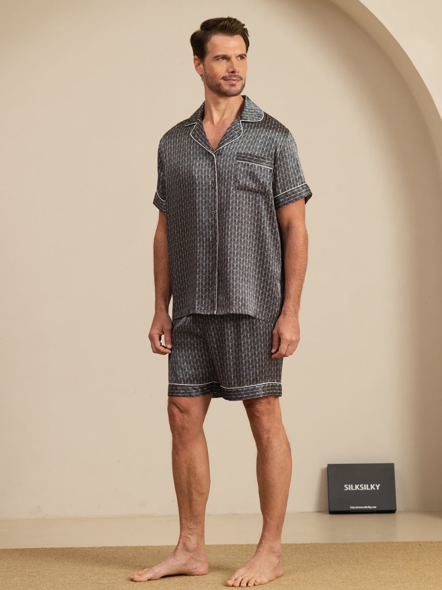 [Ginkgo Noir] SilkSilky-FR Manches courtes Col Cranté Homme Pyjamas 004