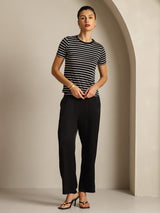 [Rayure Noire] SilkSilky-FR Short Sleeve Crew Neck Femme T-Shirt 008