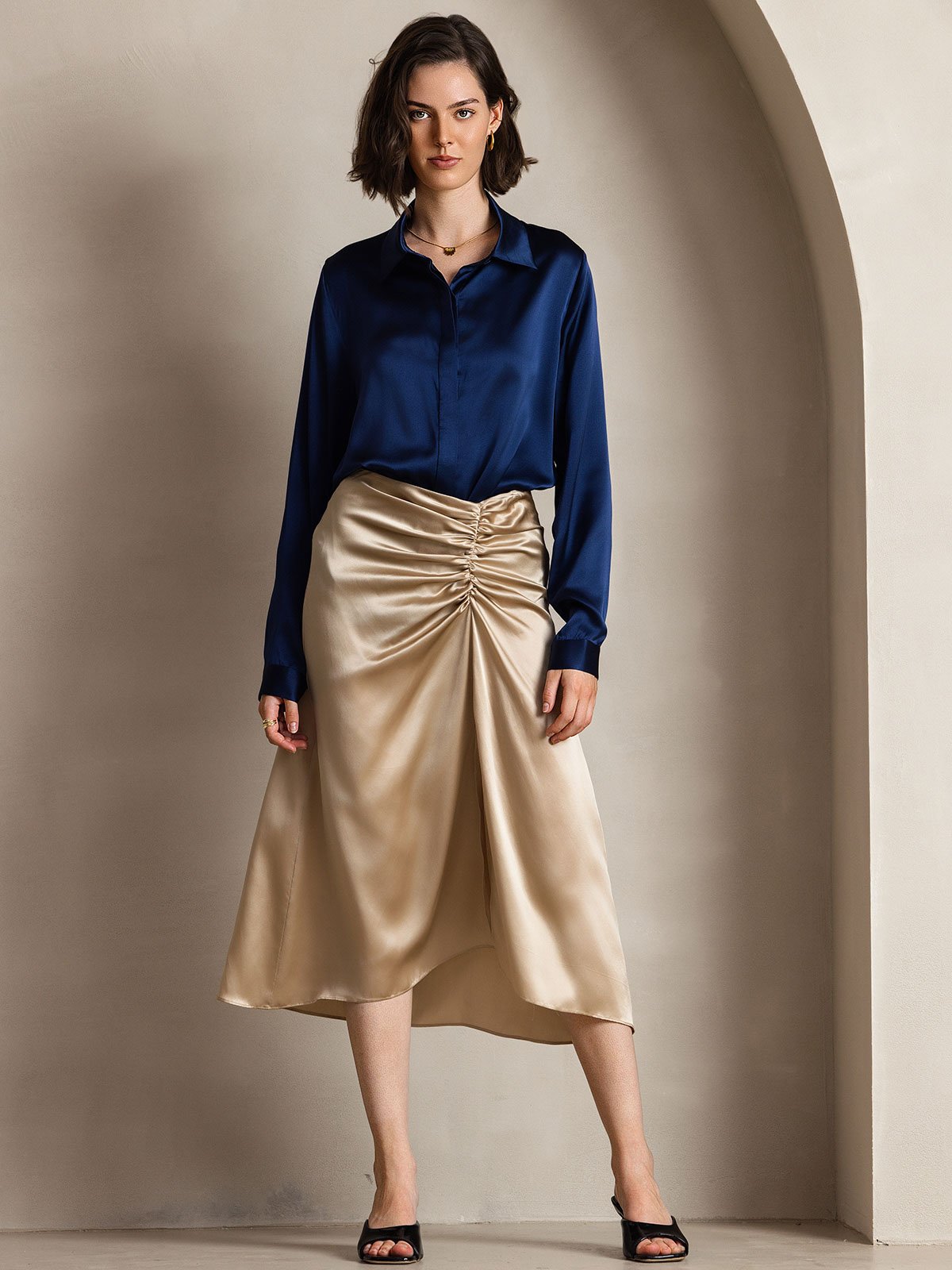 [Bleu Foncé] SilkSilky-FR 19Momme Soie Manches longues Col Chemise Femme Chemise 001