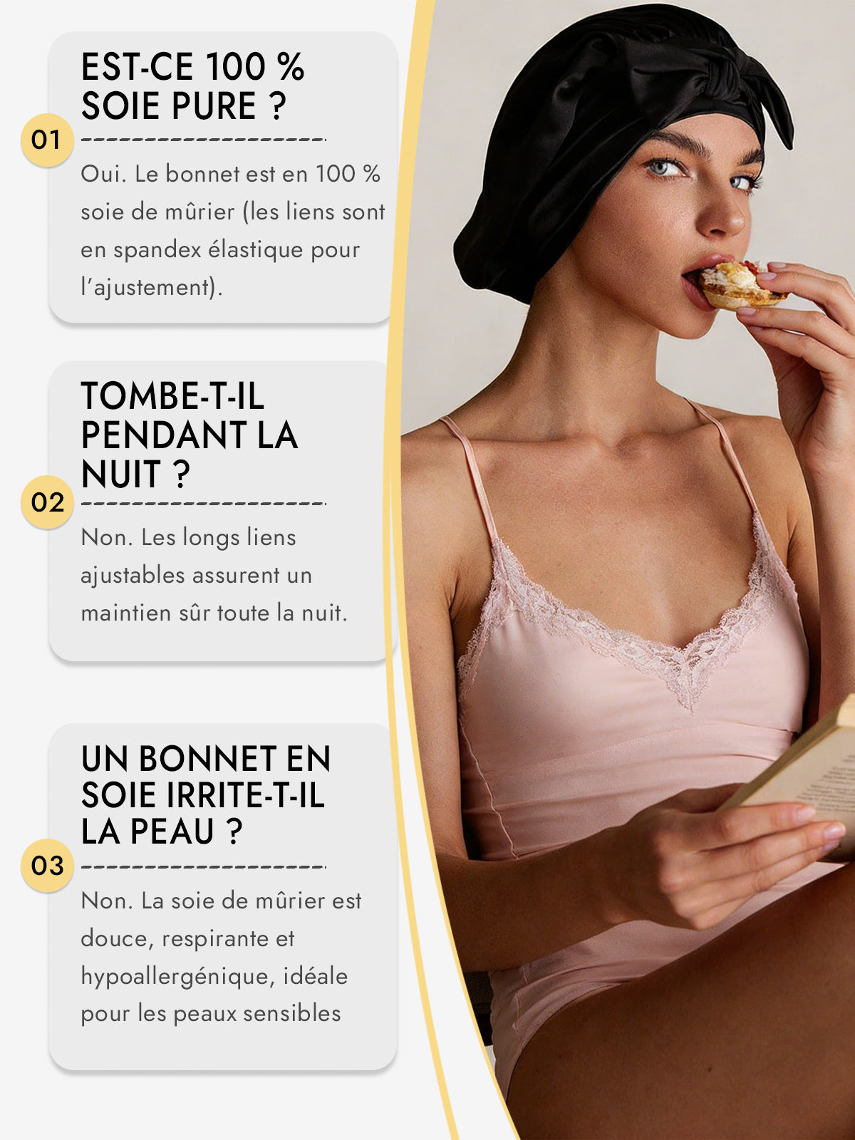 [Noir] SilkSilky-FR Soie Sleep Cap 006