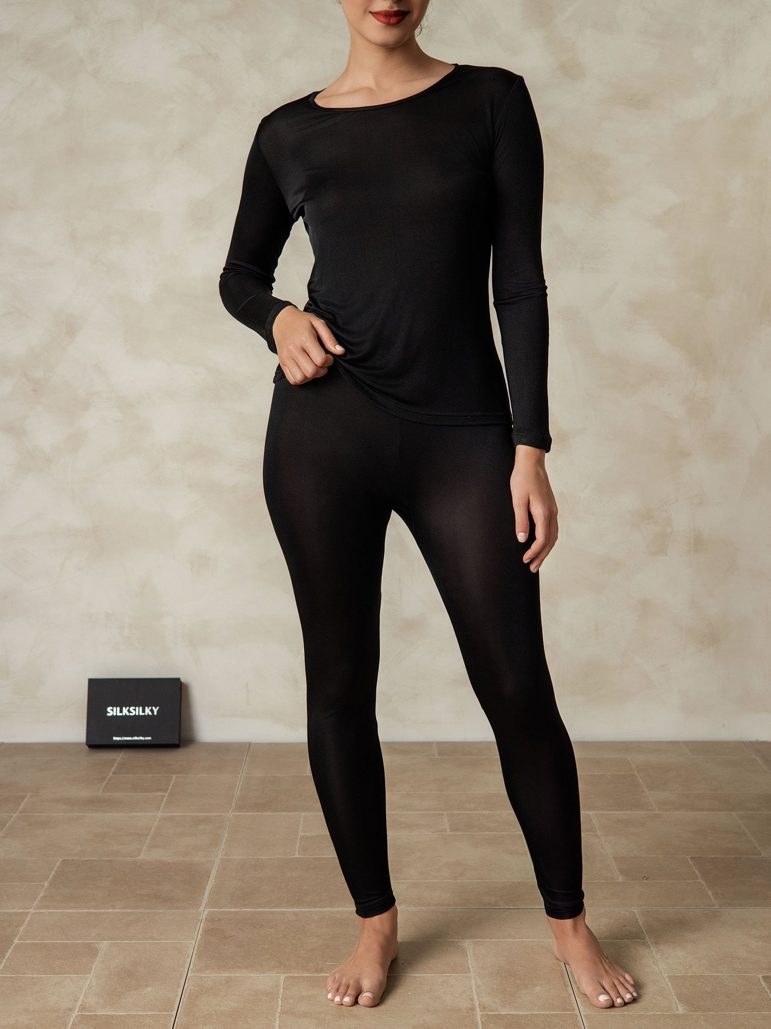 [Noir] SilkSilky-FR Long Sleeve Round Neck Sous Vêtements Longs Femme 001