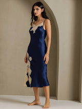 [Bleu Foncé] SilkSilky-FR Sleeveless V Neck Chemises de nuit 009