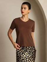 [Café] SilkSilky-FR Short Sleeve V Neck Femme T-Shirt 007