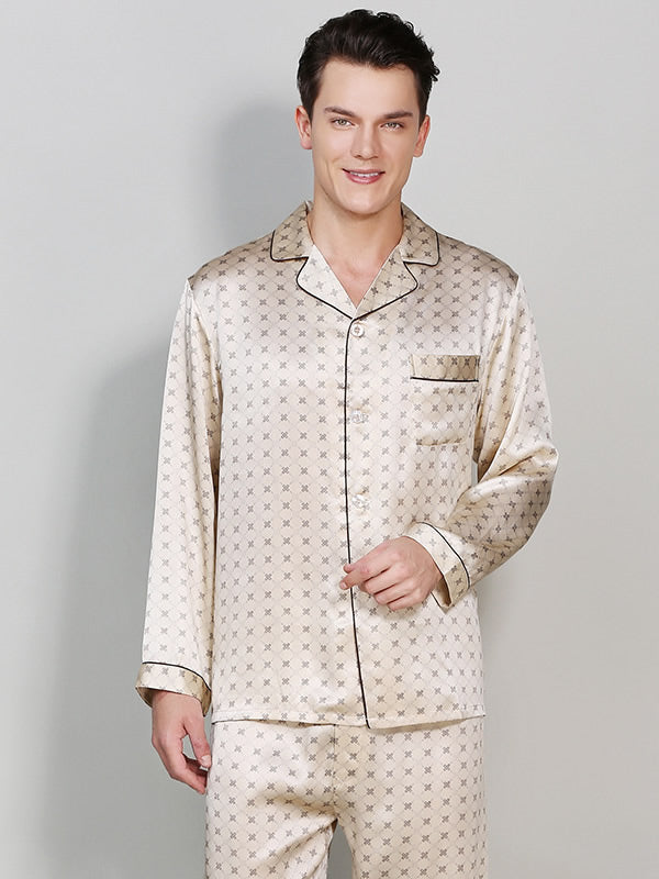 SilkSilky FR Pure Soie Manches longues Revers Homme Pyjamas Champagne 002