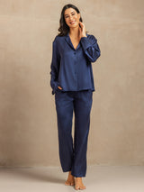 [Bleu Foncé] SilkSilky-FR 19Momme Manches longues Col Cranté Femme Pyjamas 003