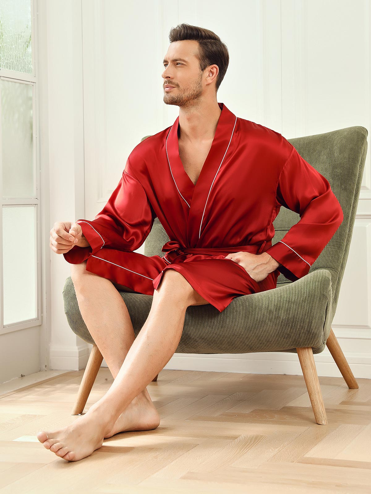 SilkSilky FR Pure Soie Trois quart Mens Robe RougeVineux 006