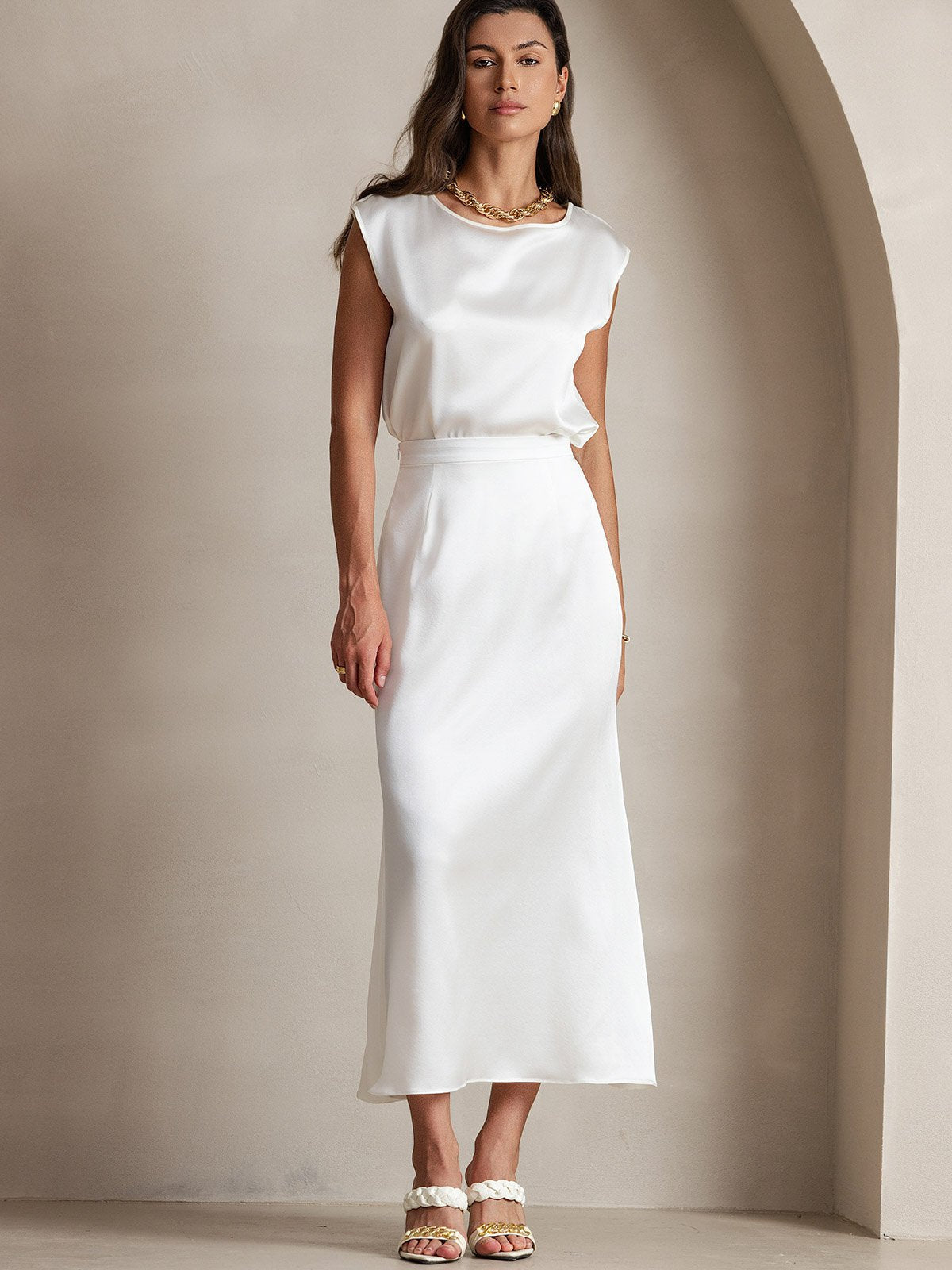 [Blanc] SilkSilky-FR 19Momme Soie Skirt 006