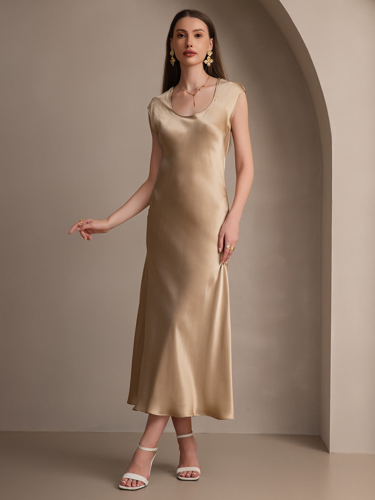[Champagne] SilkSilky-FR 19Momme Soie Col Rond Robes 004