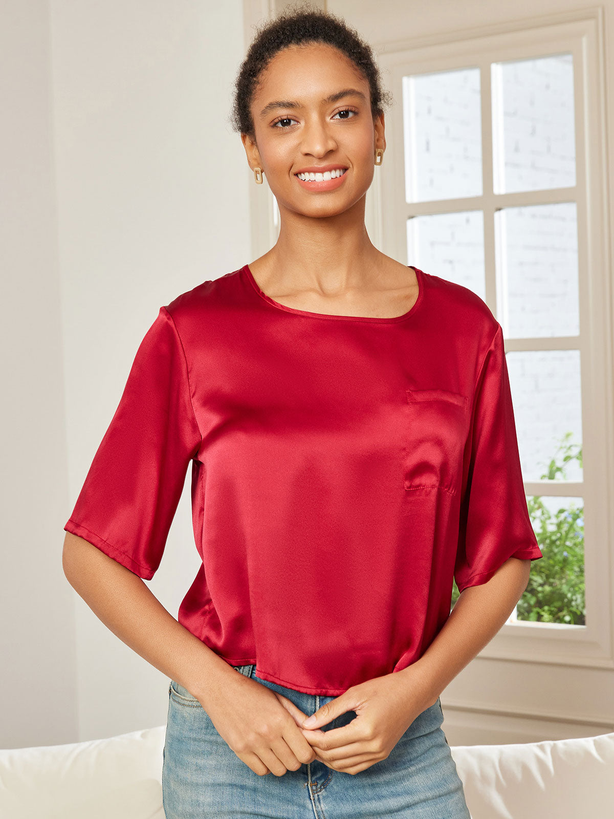 [Rouge Foncé] SilkSilky-FR Pure Soie Manches mi-longues Col Bateau Femme T-Shirt 001
