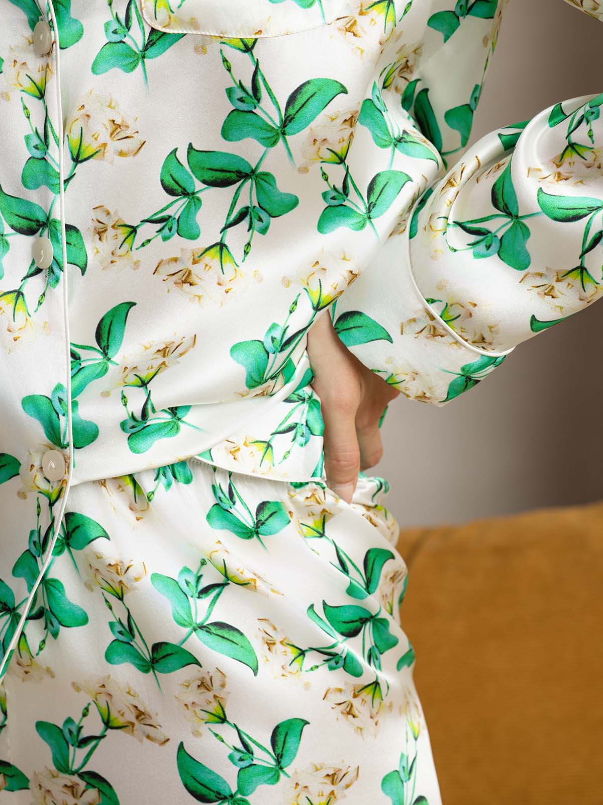 [Floral Vert] SilkSilky-FR Pure Soie Womens Pajamas 008