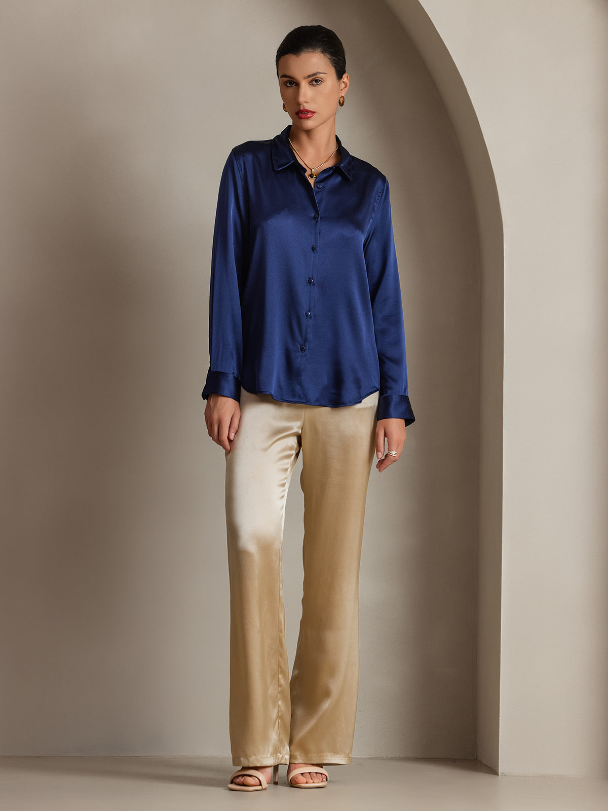 [Bleu Foncé] SilkSilky-FR Manches longues Col Chemise Femme Chemise 004