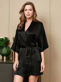 SilkSilky FR Pure Soie Trois quart Nightgown&Robe Set Noir 003