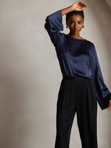 [Bleu Foncé] SilkSilky-FR Long Sleeve Boat Neck Blouse 005