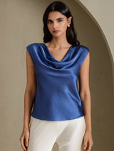 [Bleu Canard Véritable] SilkSilky-FR Cap Sleeve Cowl Neck Femme T-Shirt 001