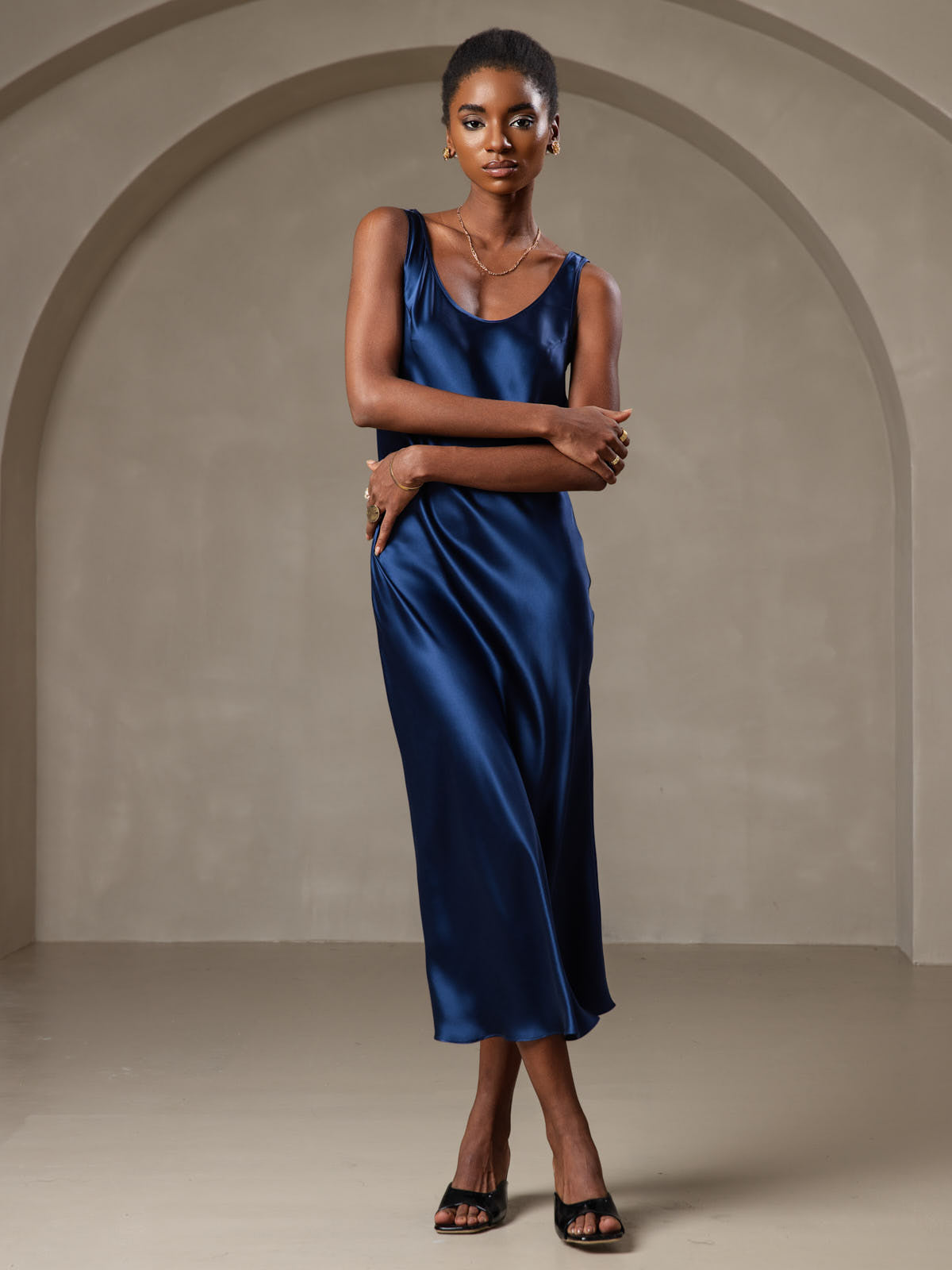 [Bleu Foncé] SilkSilky-FR Pure Soie Col Bateau Robes 001